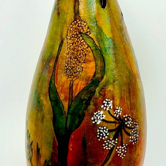 “ Hanging Cattails & Lace ” Original Gourd Art Vase / Vessel by Kristina Simkins - Picture 8 of 10